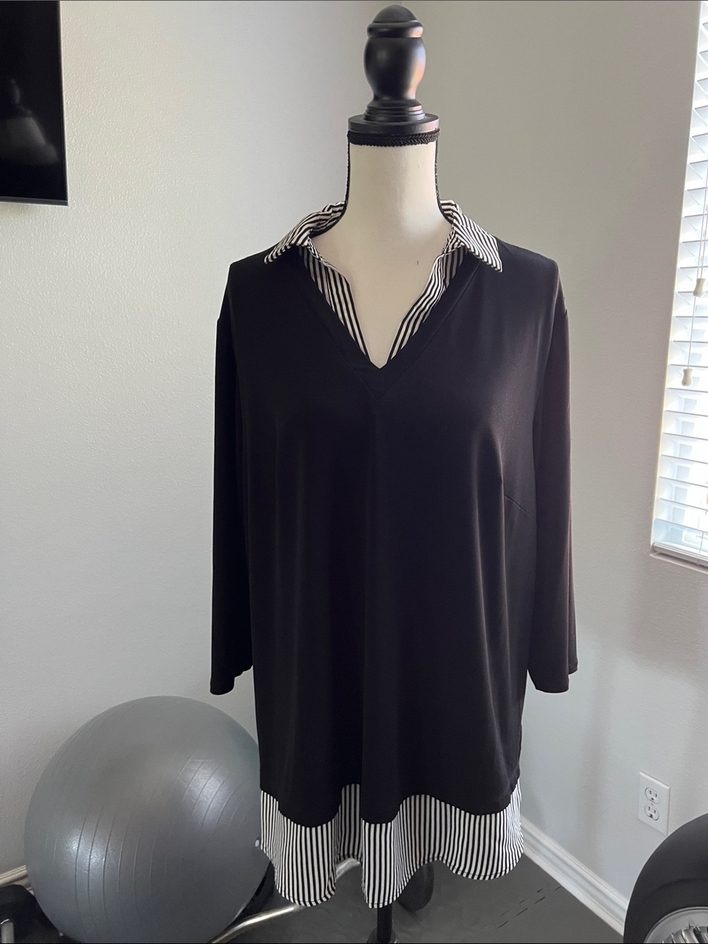Adrianna Papell Black Layered V-Neck Tunic with Striped Collar